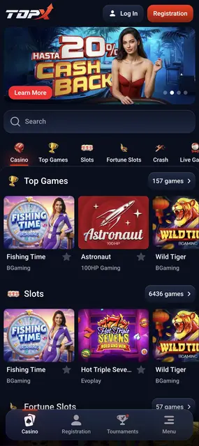 Web móvil de TopX, inicio del casino con la oferta de cashback y los títulos destacados