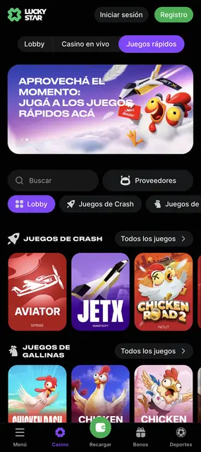 Pantalla de Lucky Star: sección de juegos de crash y de gallinas